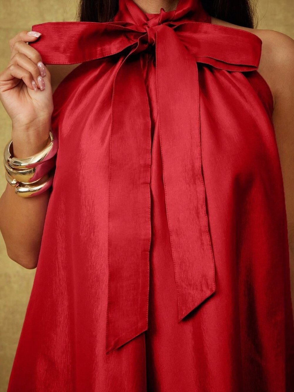 Red Women's Taffeta Bow Tie Halter Neck Extreme Wide Leg Jumpsuit - Picture 5 of 5